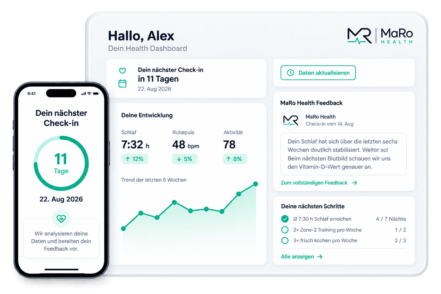Beispiel des MaRo Health Dashboards mit Gesundheitswerten, ärztlichem Feedback und dem nächsten Check-in